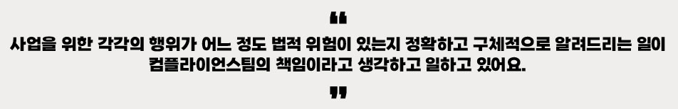 사업을 위한 각각의 행위가 어느 정도 법적 위험이 있는지 정확하고 구체적으로 알려드리는 일이 컴플라이언스팀의 책임이라고 생각하고 일하고 있어요.